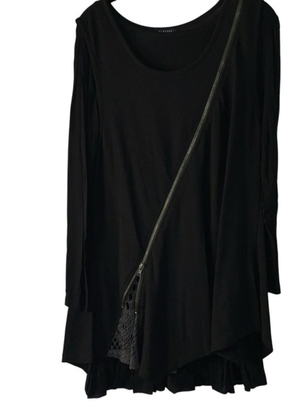 Black Long Sleeve Asymmetrical Top with Diagonal Zip Detail